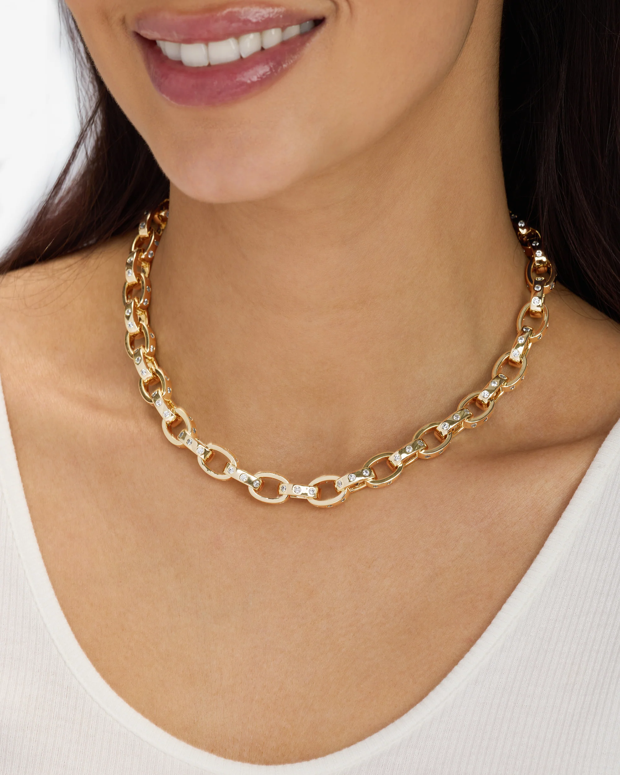 Ashley Chain Link Necklace 9mm - Gold|White Diamondettes - Image 5