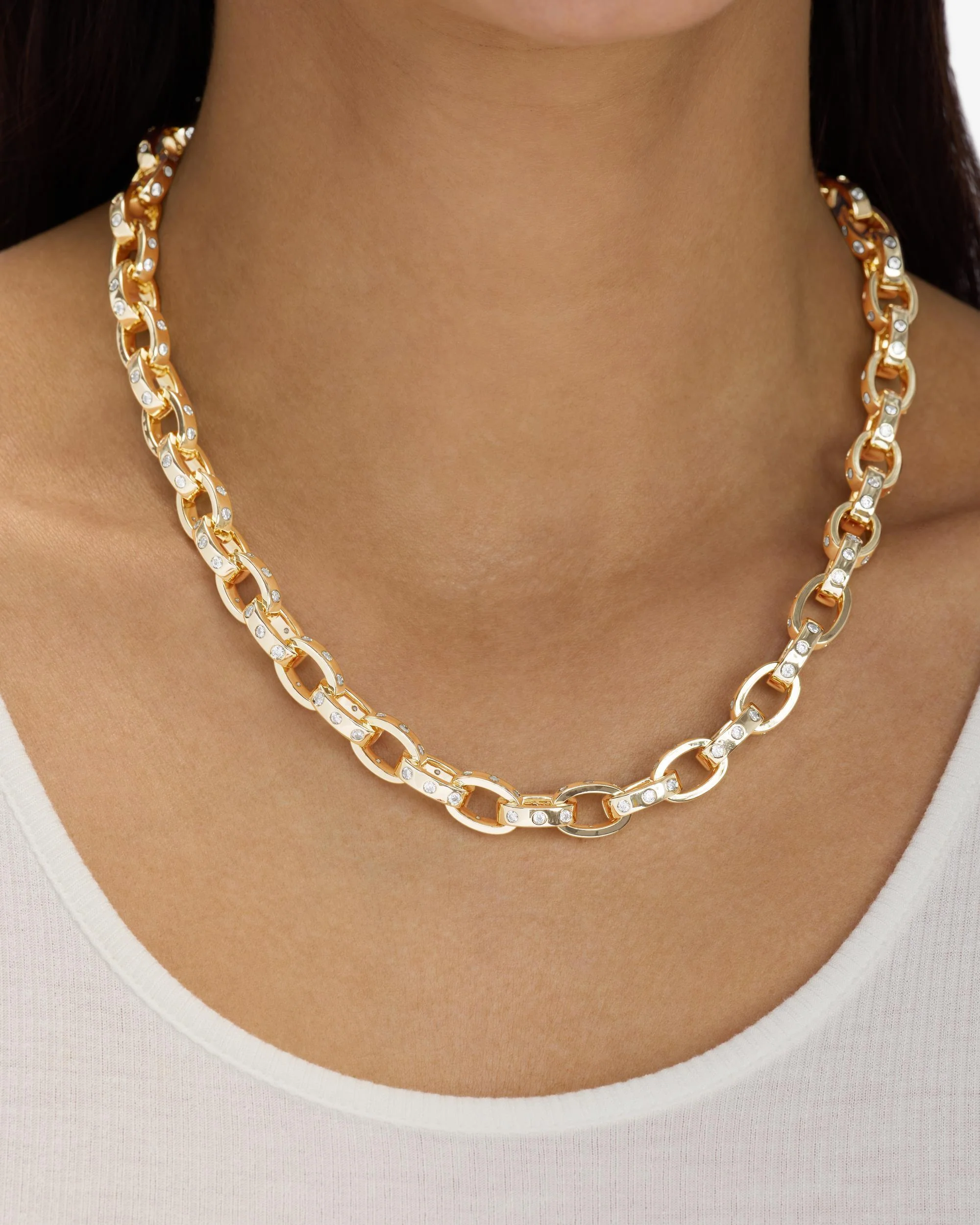 Ashley Chain Link Necklace 9mm - Gold|White Diamondettes - Image 6