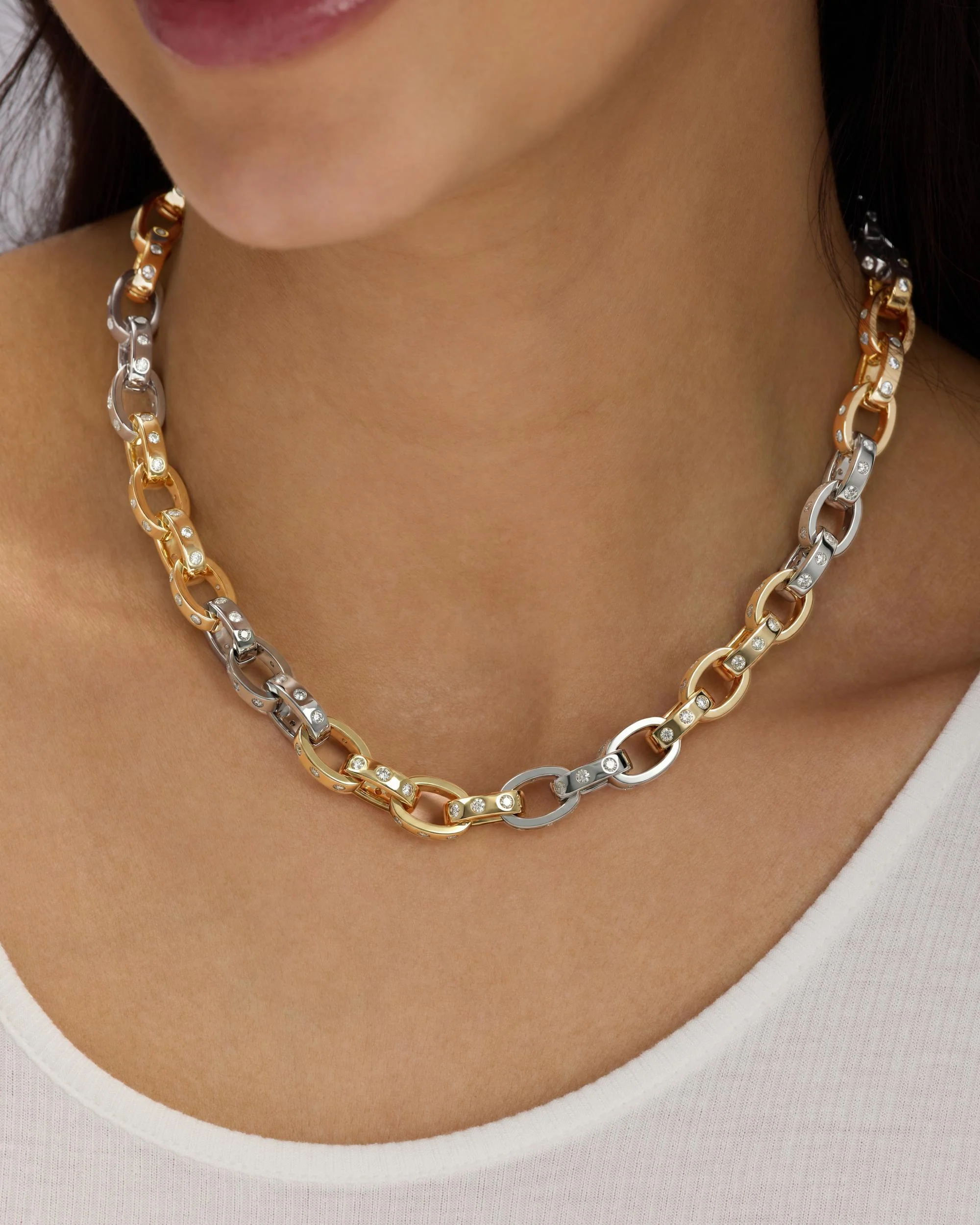 Ashley Chain Link Necklace 9mm - Mixed Metal|White Diamondettes - Image 5