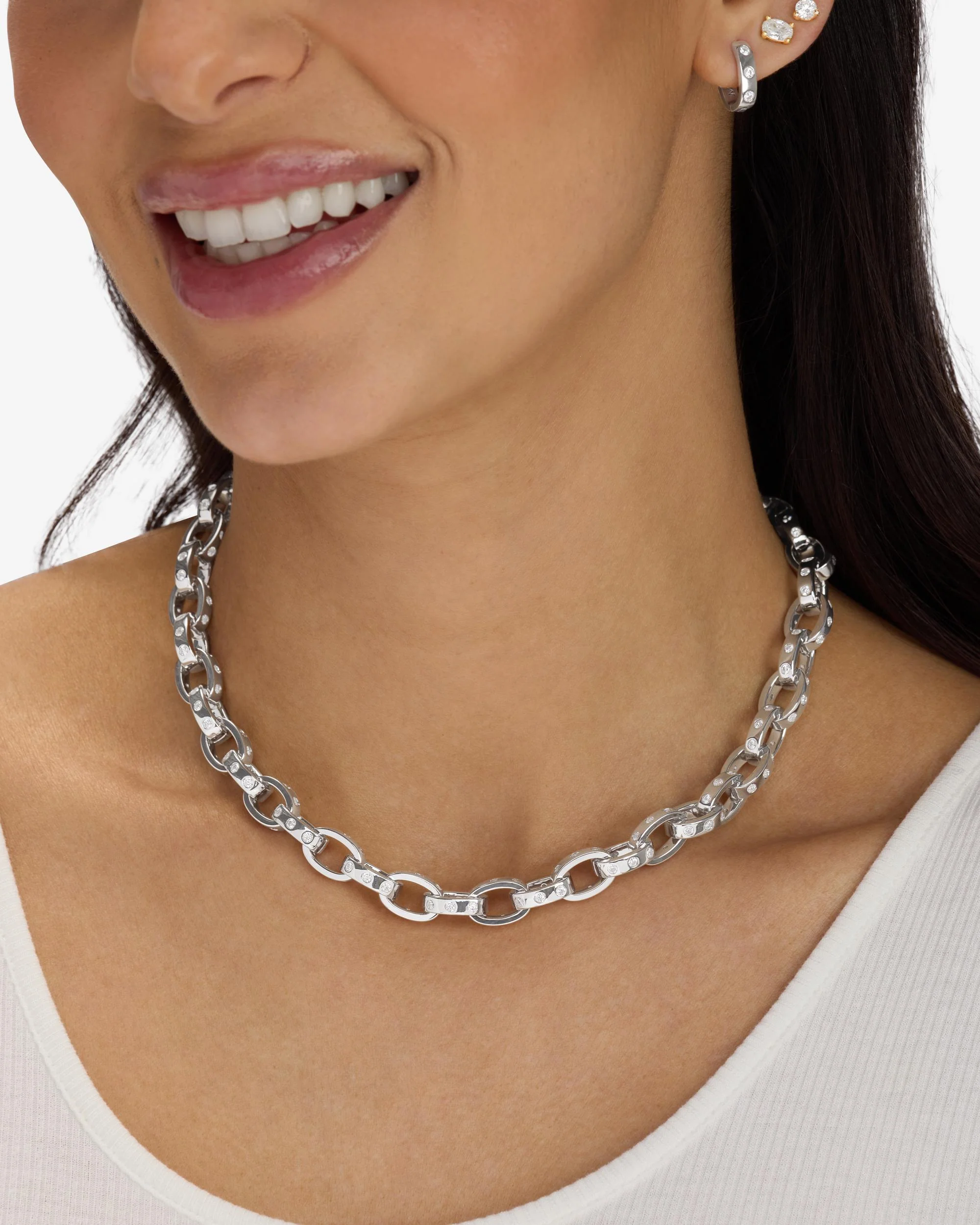 Ashley Chain Link Necklace 9mm - Silver|White Diamondettes - Image 5