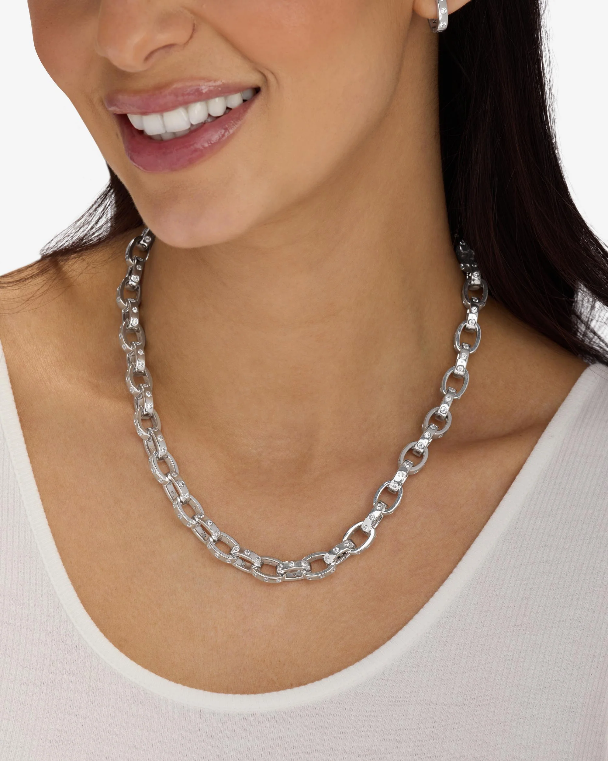 Ashley Chain Link Necklace 9mm - Silver|White Diamondettes - Image 6