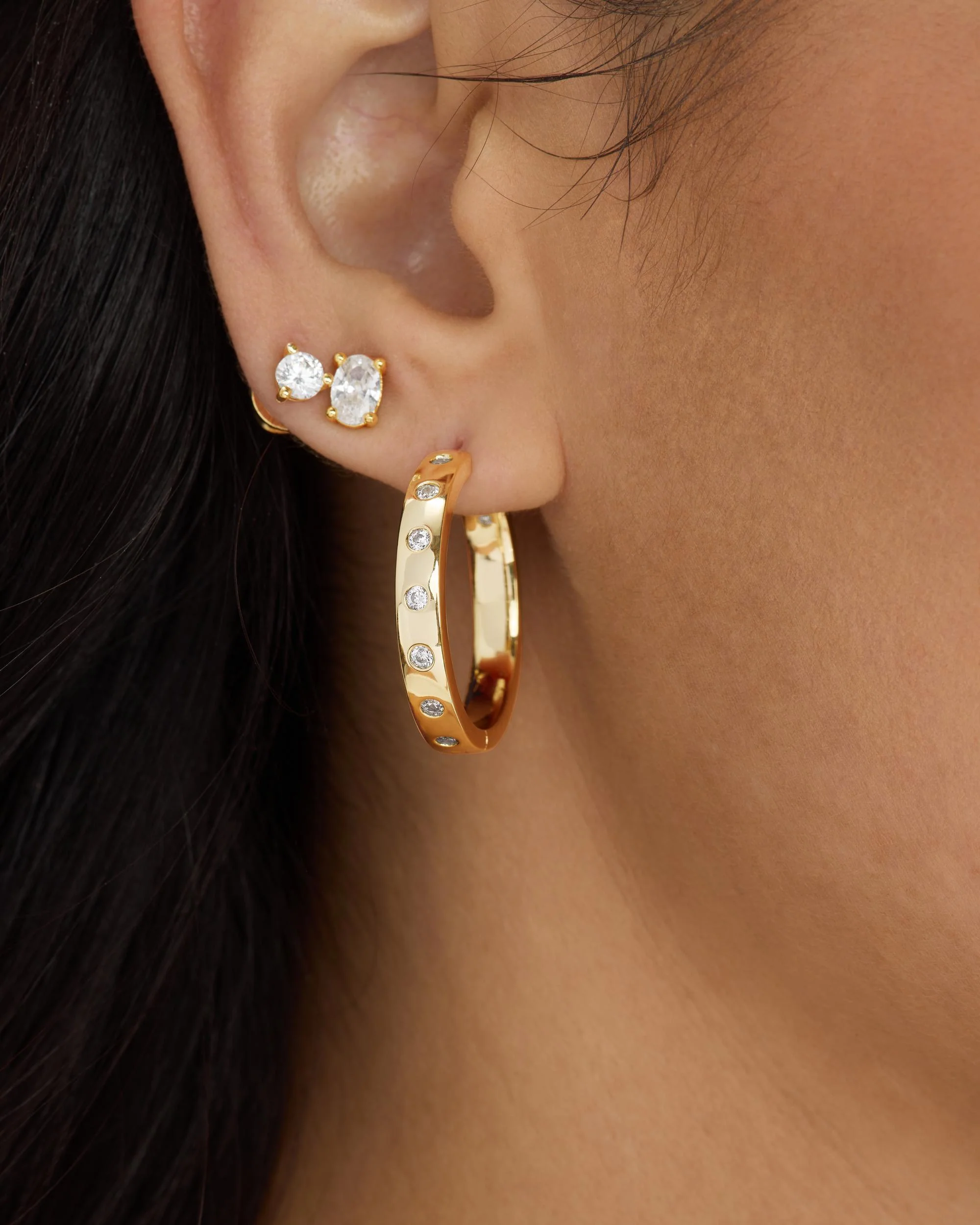 Ashley Reversible Hoops 1" - Gold|White Diamondettes - Image 2