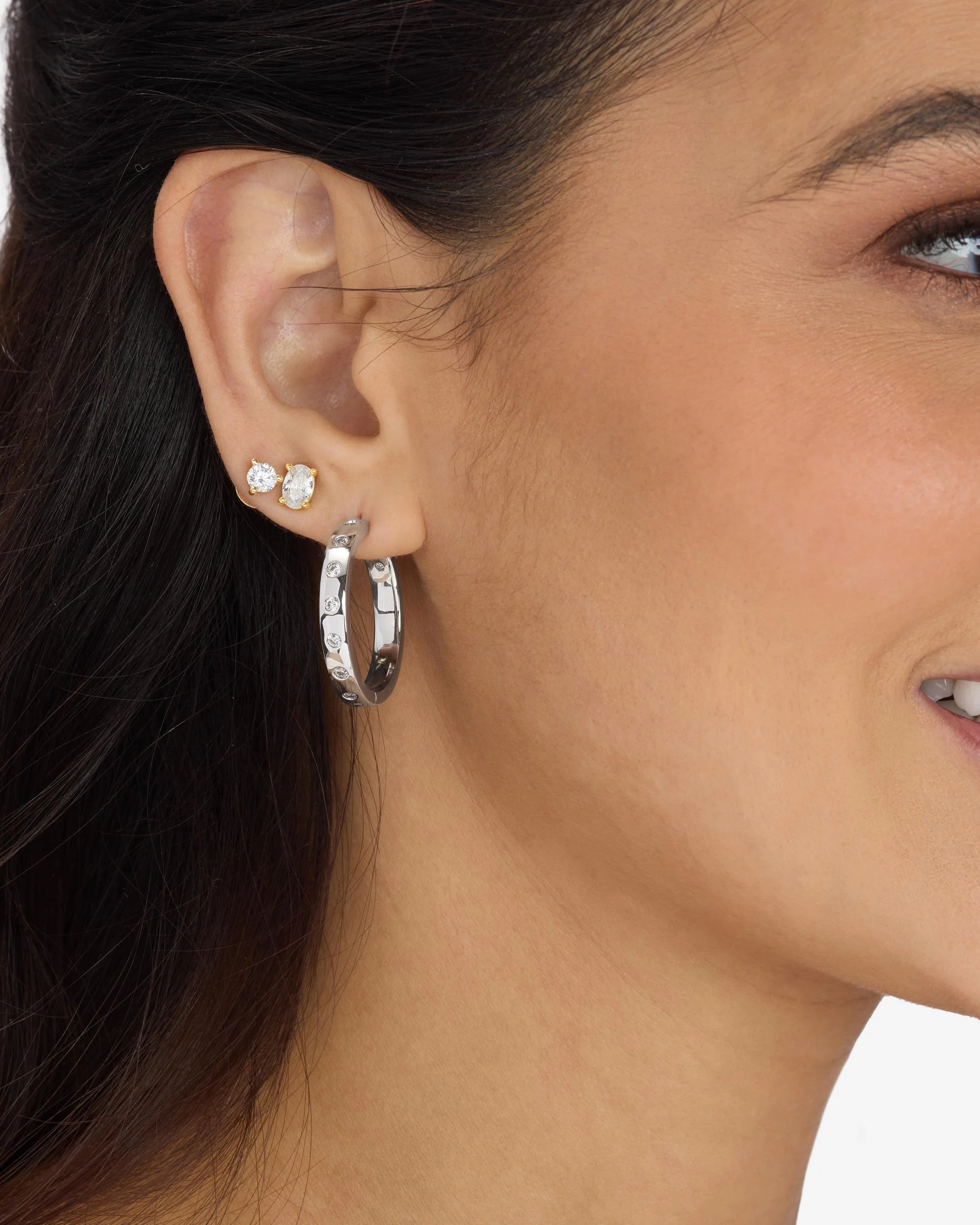 Ashley Reversible Hoops 1" - Silver|White Diamondettes - Image 4