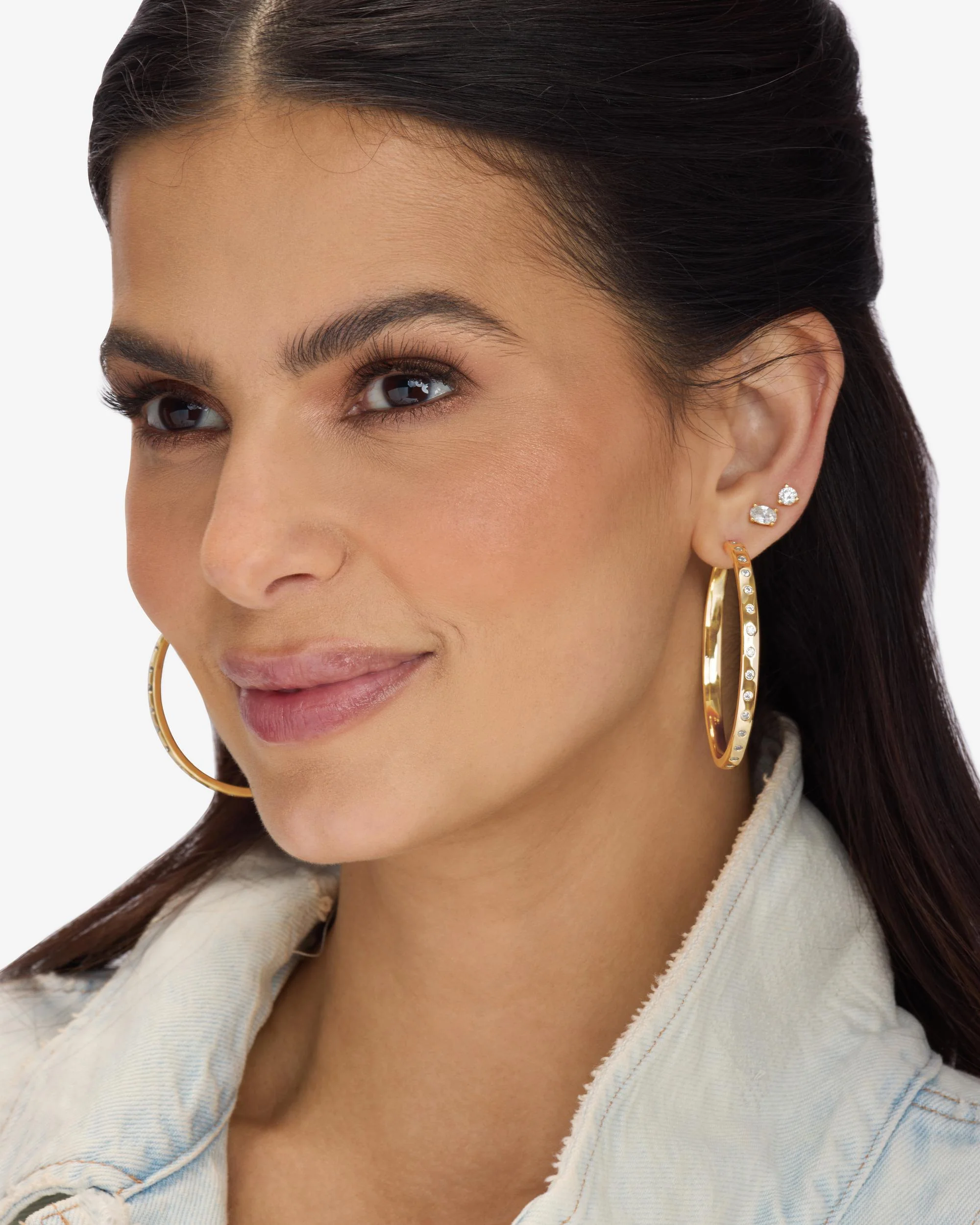 Ashley Reversible Hoops 2" - Gold|White Diamondettes - Image 4