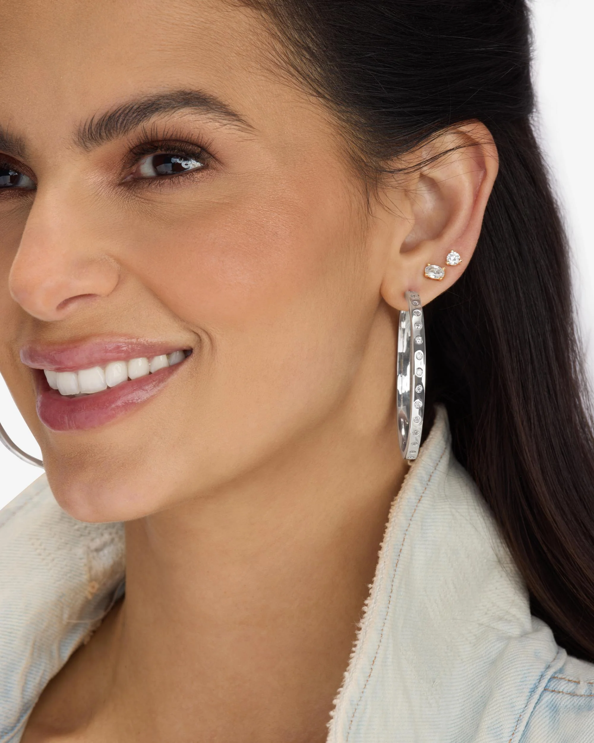 Ashley Reversible Hoops 2" - Silver|White Diamondettes - Image 4