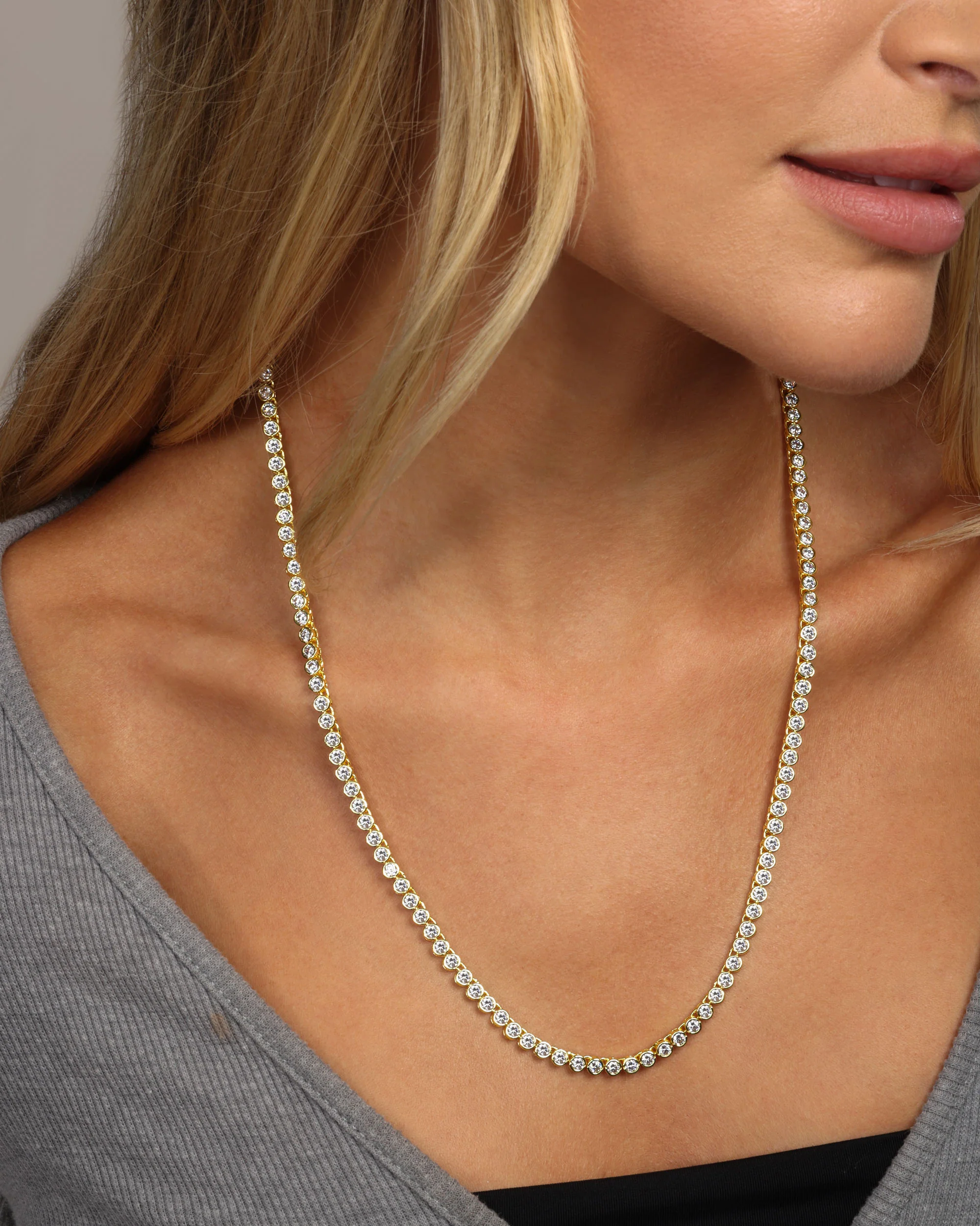Baroness Tennis Necklace 3mm - Gold|White Diamondettes - Image 8