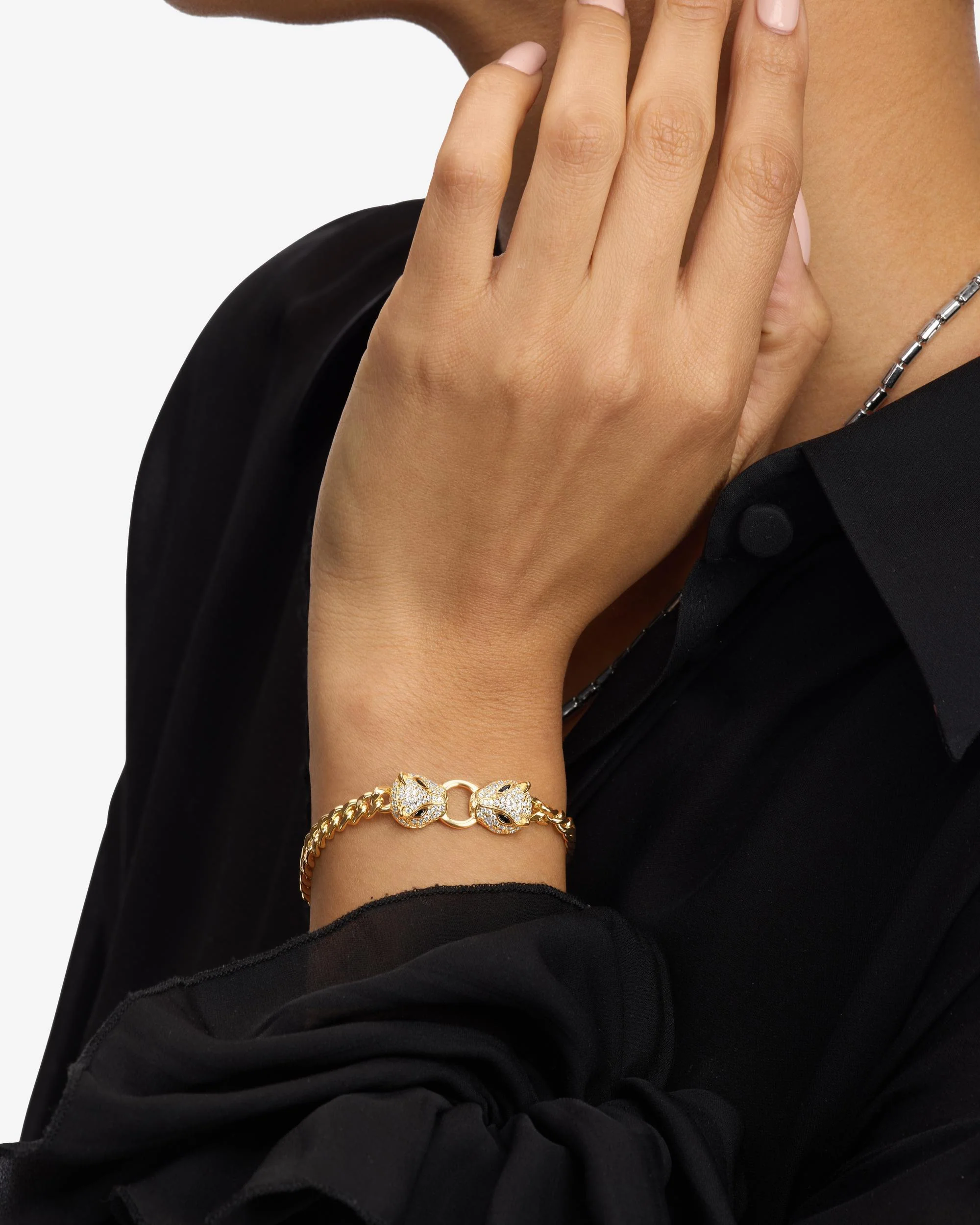 Double Jaguar Cuban Bracelet - Gold|White Diamondettes - Image 3