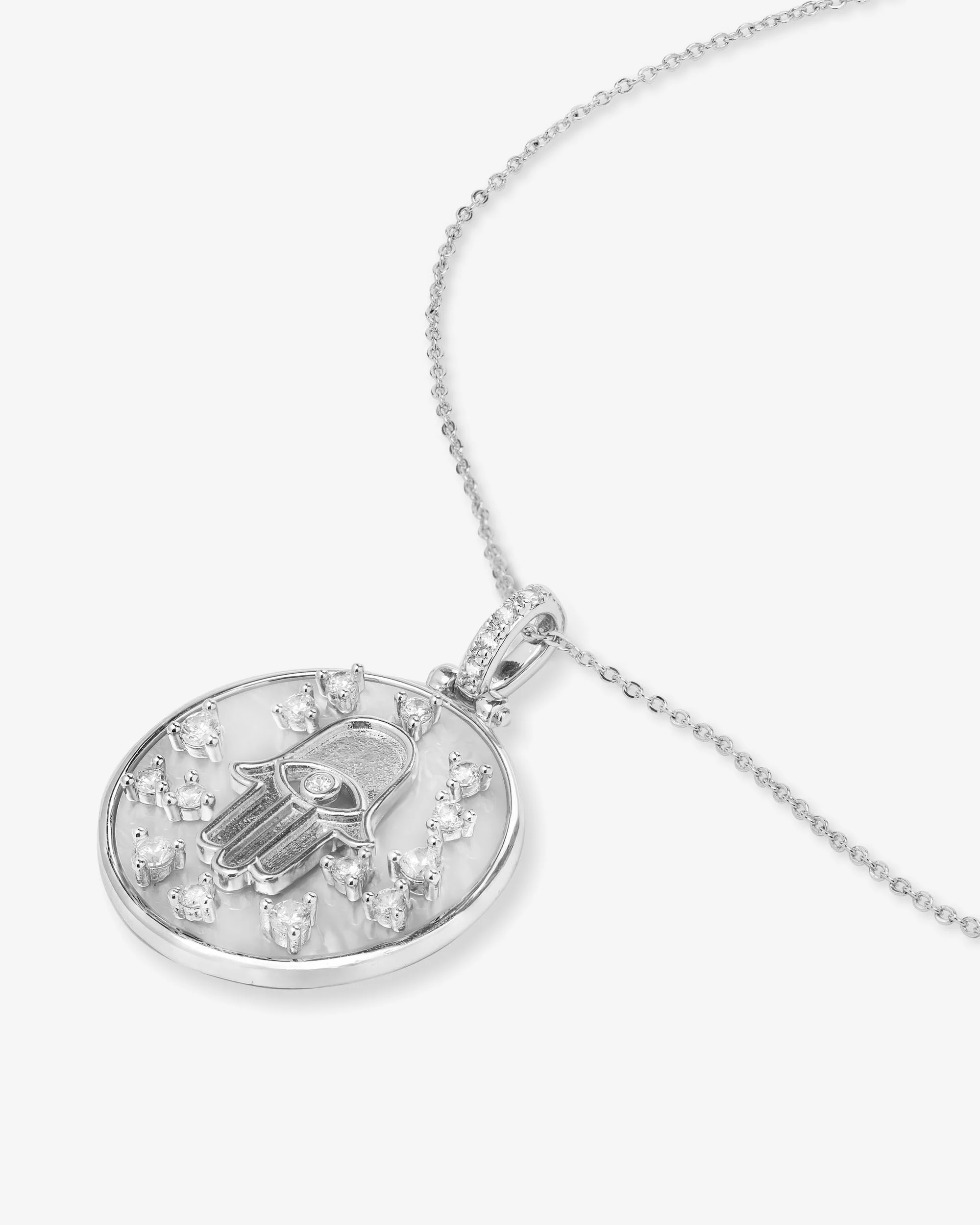 Hamsa Medallion Necklace - Silver|White Diamondettes - Image 3