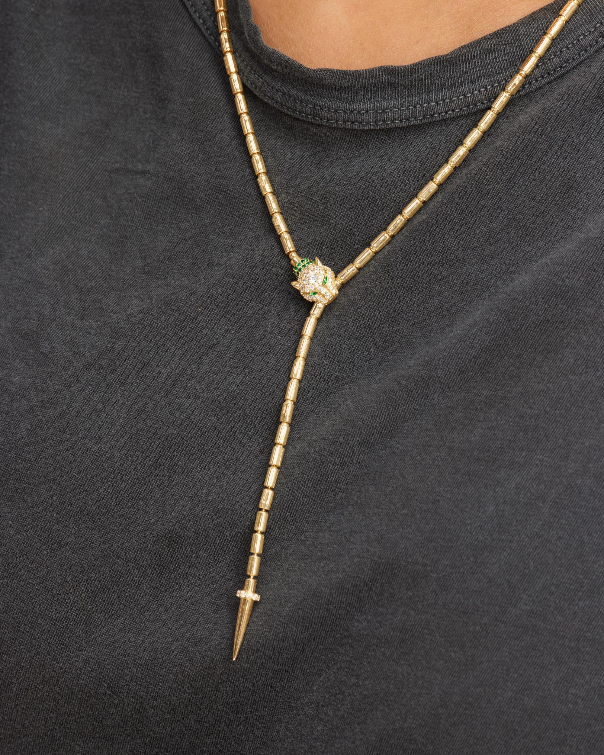 Jaguar Bolo Lariat Necklace - Gold|White Diamondettes - Image 4