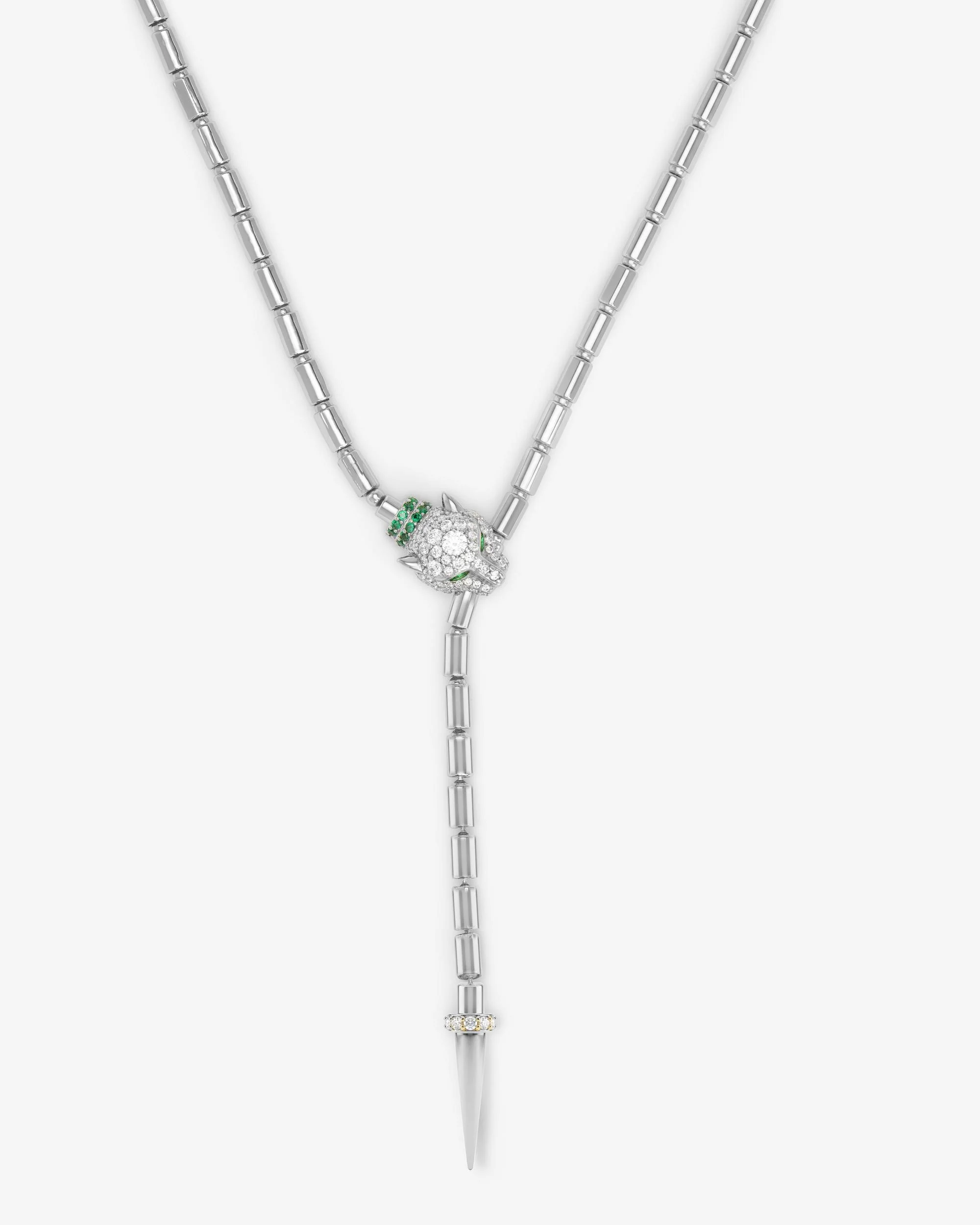 Jaguar Bolo Lariat Necklace - Silver|White Diamondettes