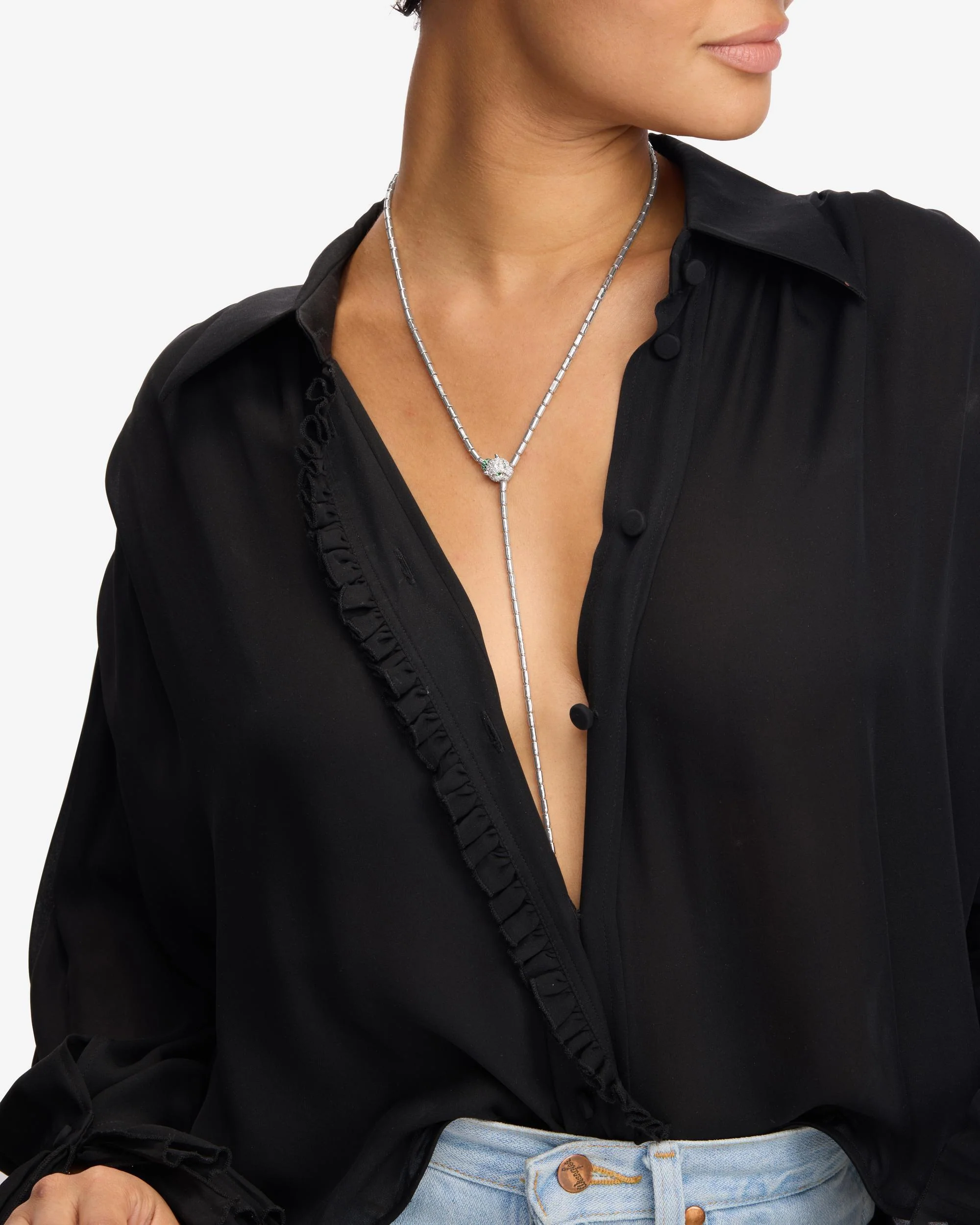 Jaguar Bolo Lariat Necklace - Silver|White Diamondettes - Image 4