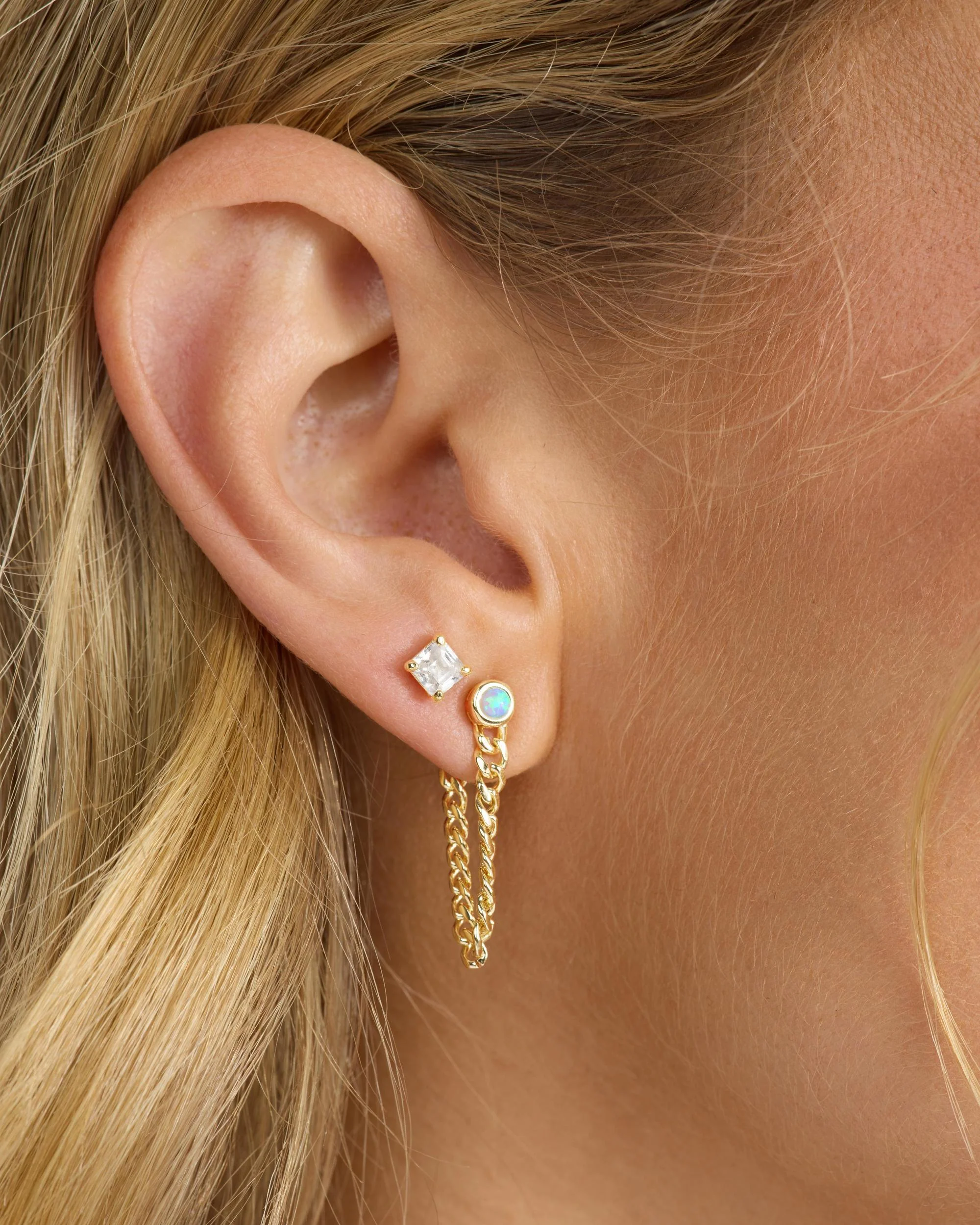 Julian 3mm Soft Chain Hoops - Gold|Blue Opal - Image 2