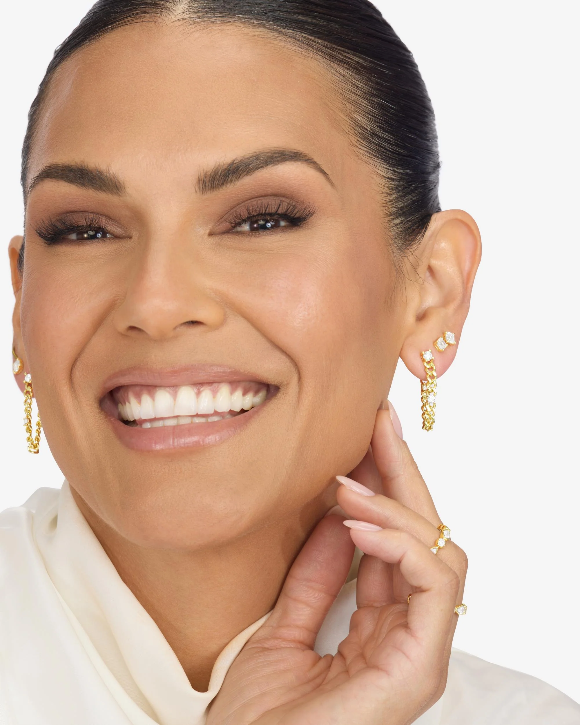 Julian Triple Diamond 4mm Soft Chain Hoops - Gold|White Diamondettes - Image 4