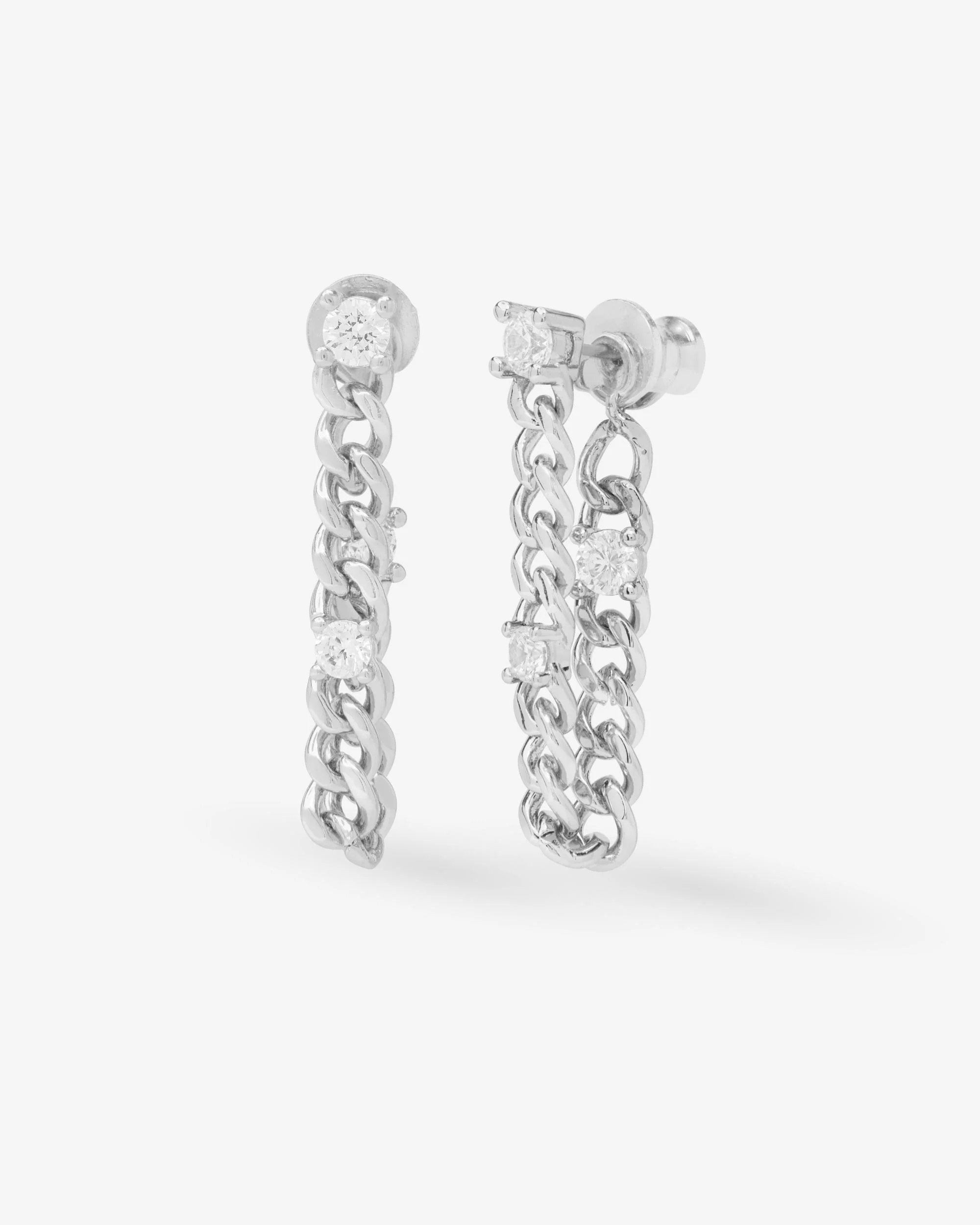 Julian Triple Diamond 4mm Soft Chain Hoops - Silver|White Diamondettes