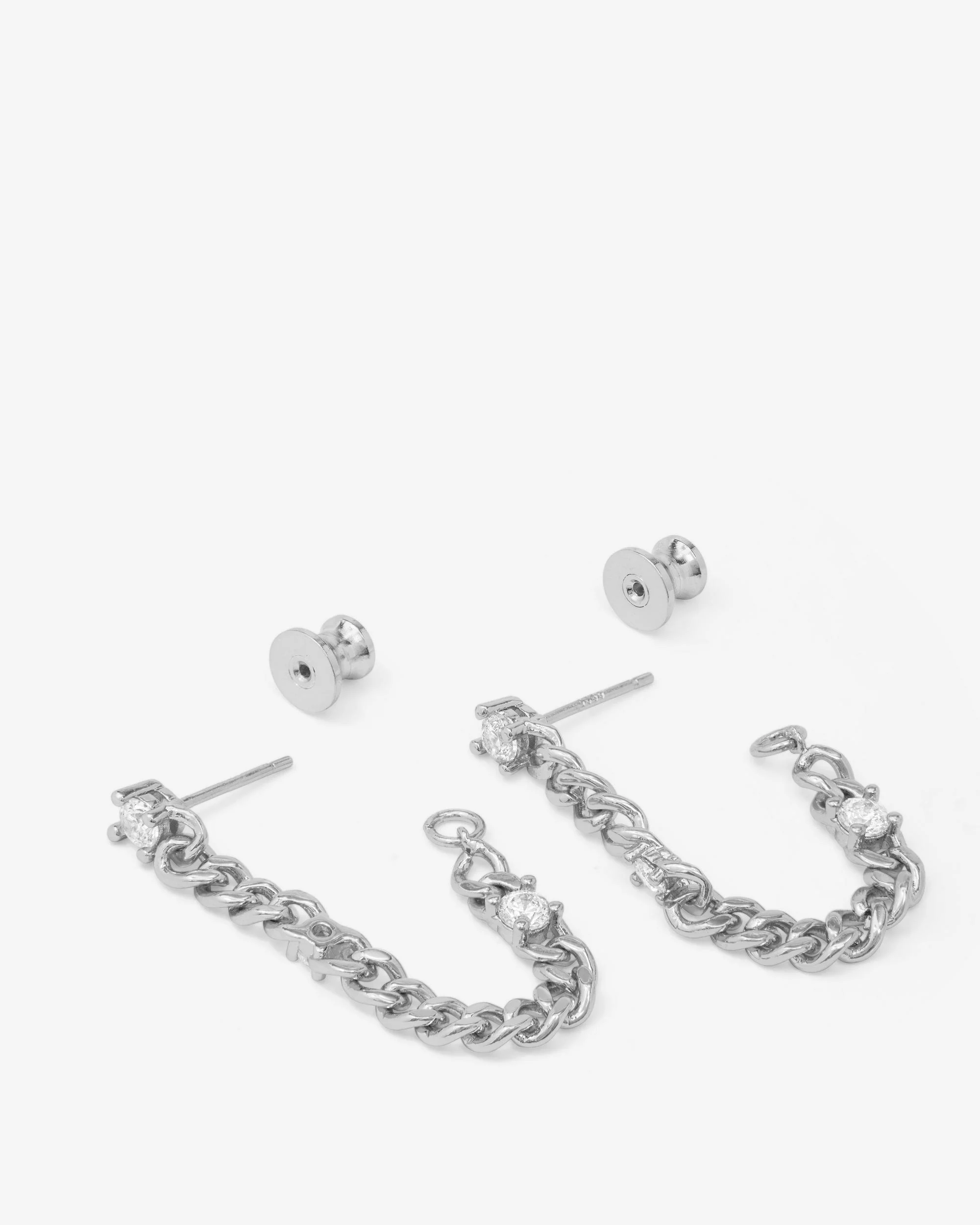 Julian Triple Diamond 4mm Soft Chain Hoops - Silver|White Diamondettes - Image 3