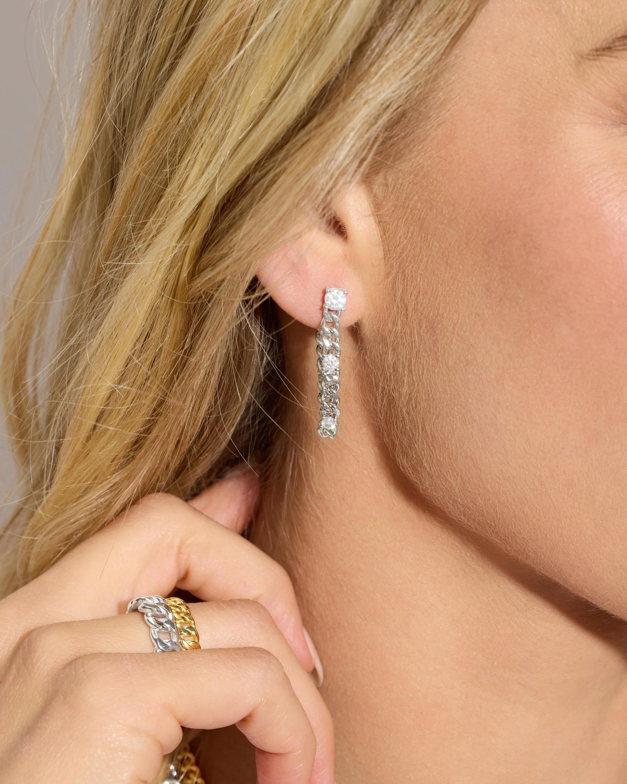 Julian Triple Diamond 5mm Soft Chain Hoops - Silver|White Diamondettes - Image 5
