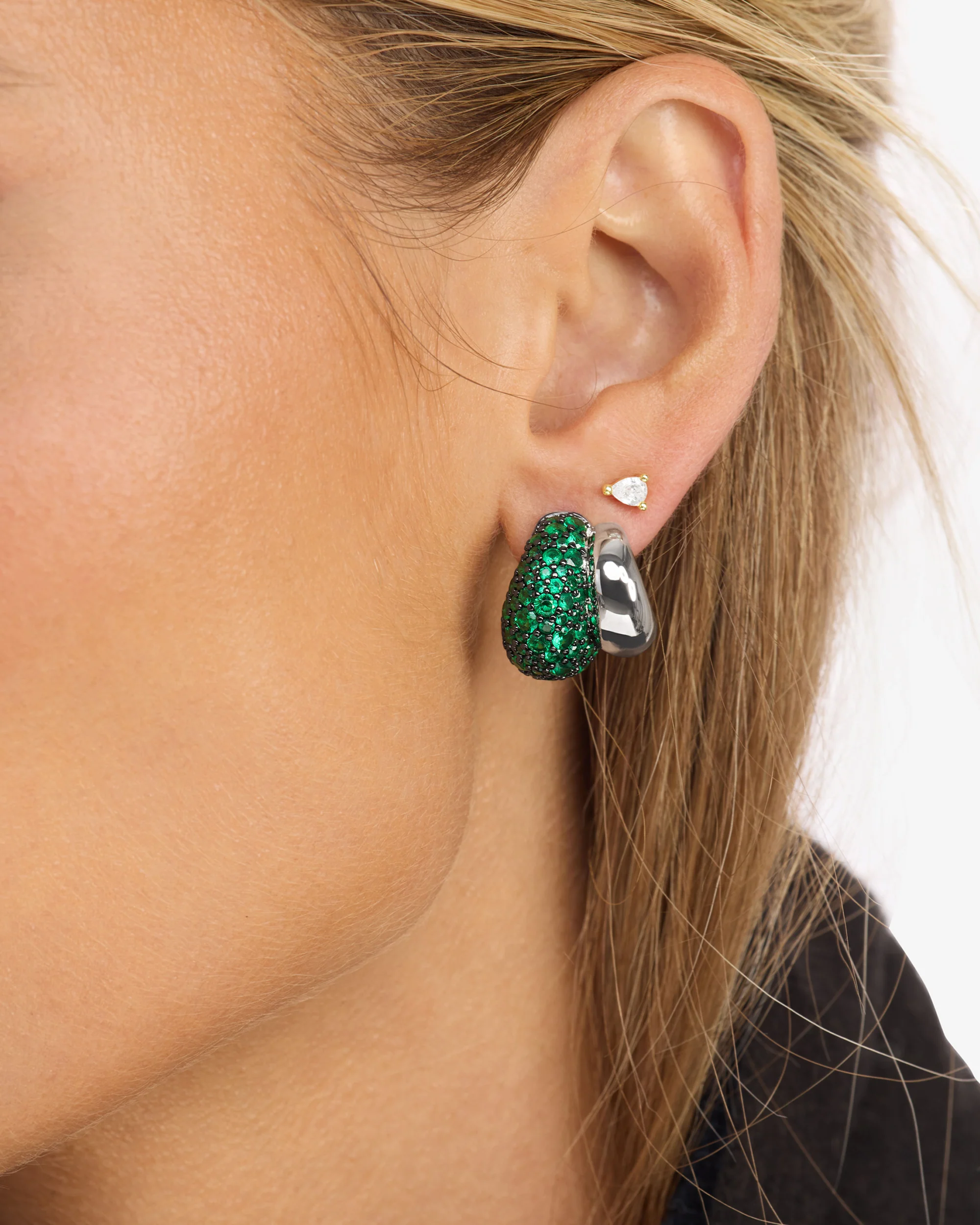 Norah Pavé Double Hoop - Silver|Emerald - Image 4