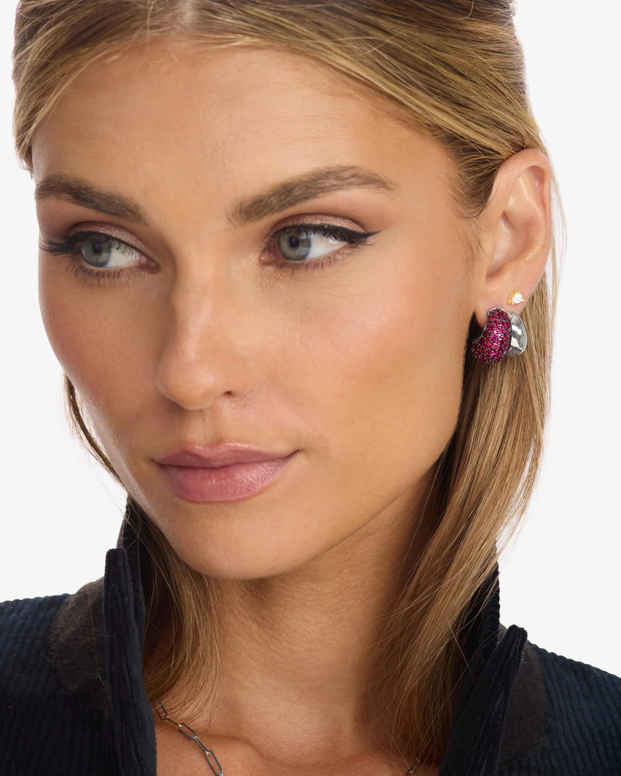 Norah Pavé Double Hoop - Silver|Ruby - Image 2