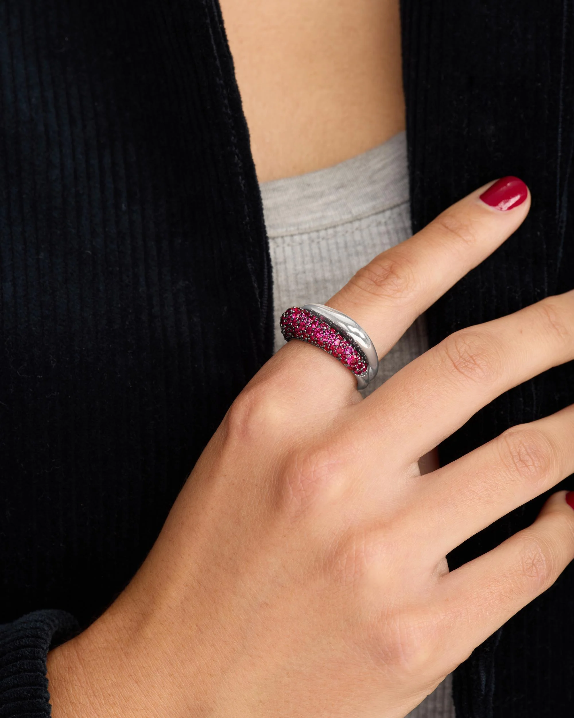 Norah Pavé Double Ring - Silver|Ruby - Image 4