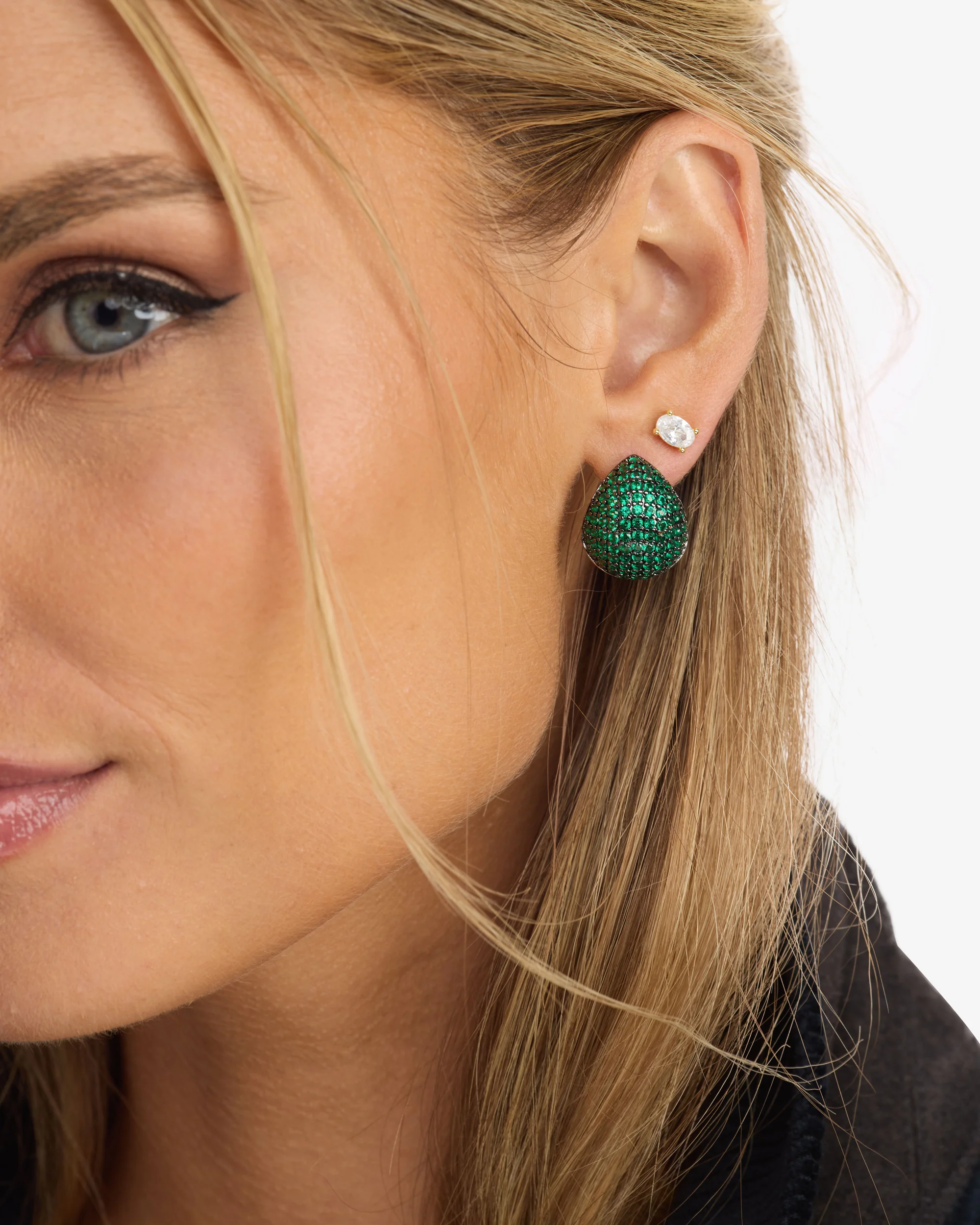 Norah Pavé Earrings - Silver|Emerald - Image 4
