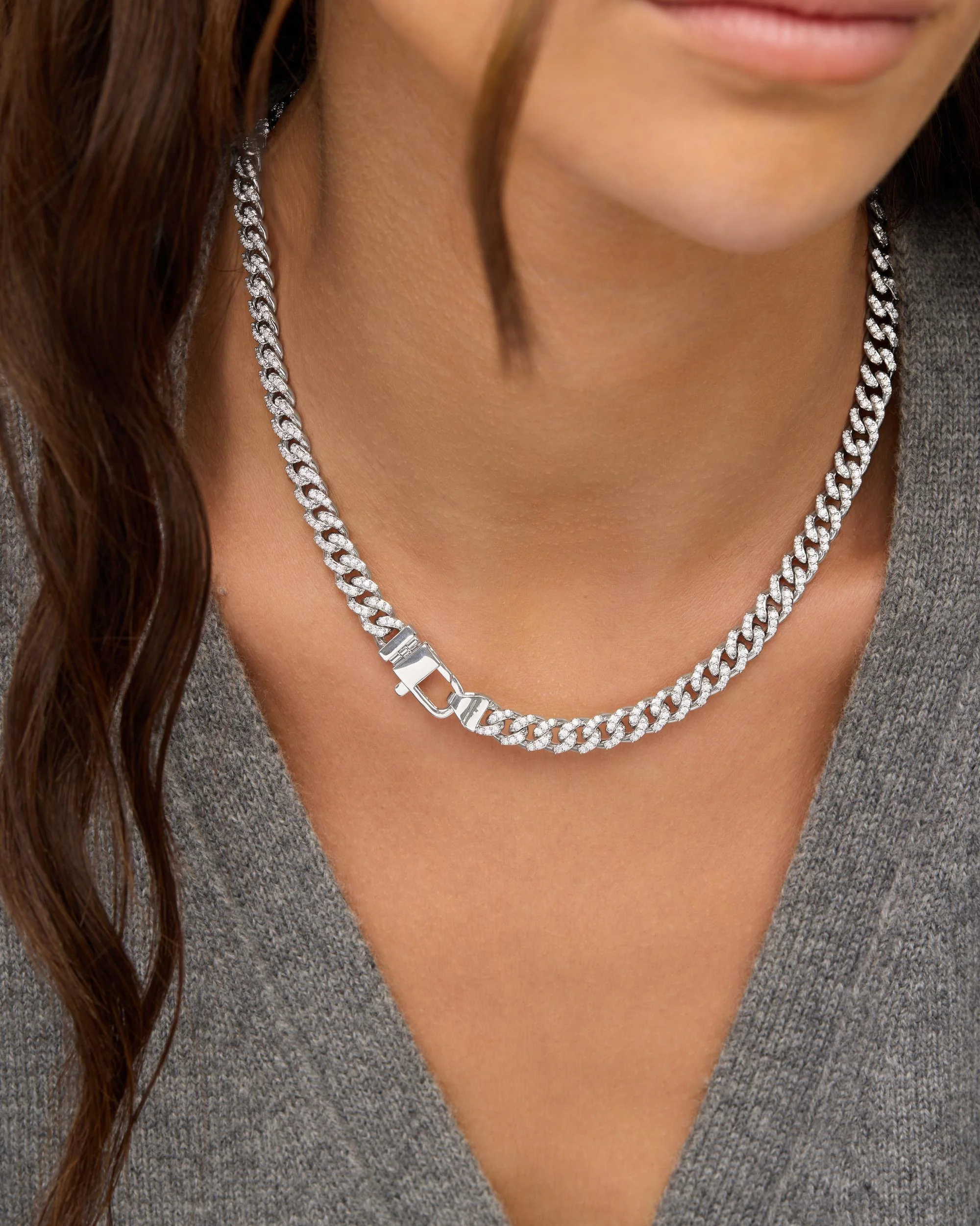 Pavé Julian Cuban Chain Necklace 6.8mm - Silver|White Diamondettes - Image 6