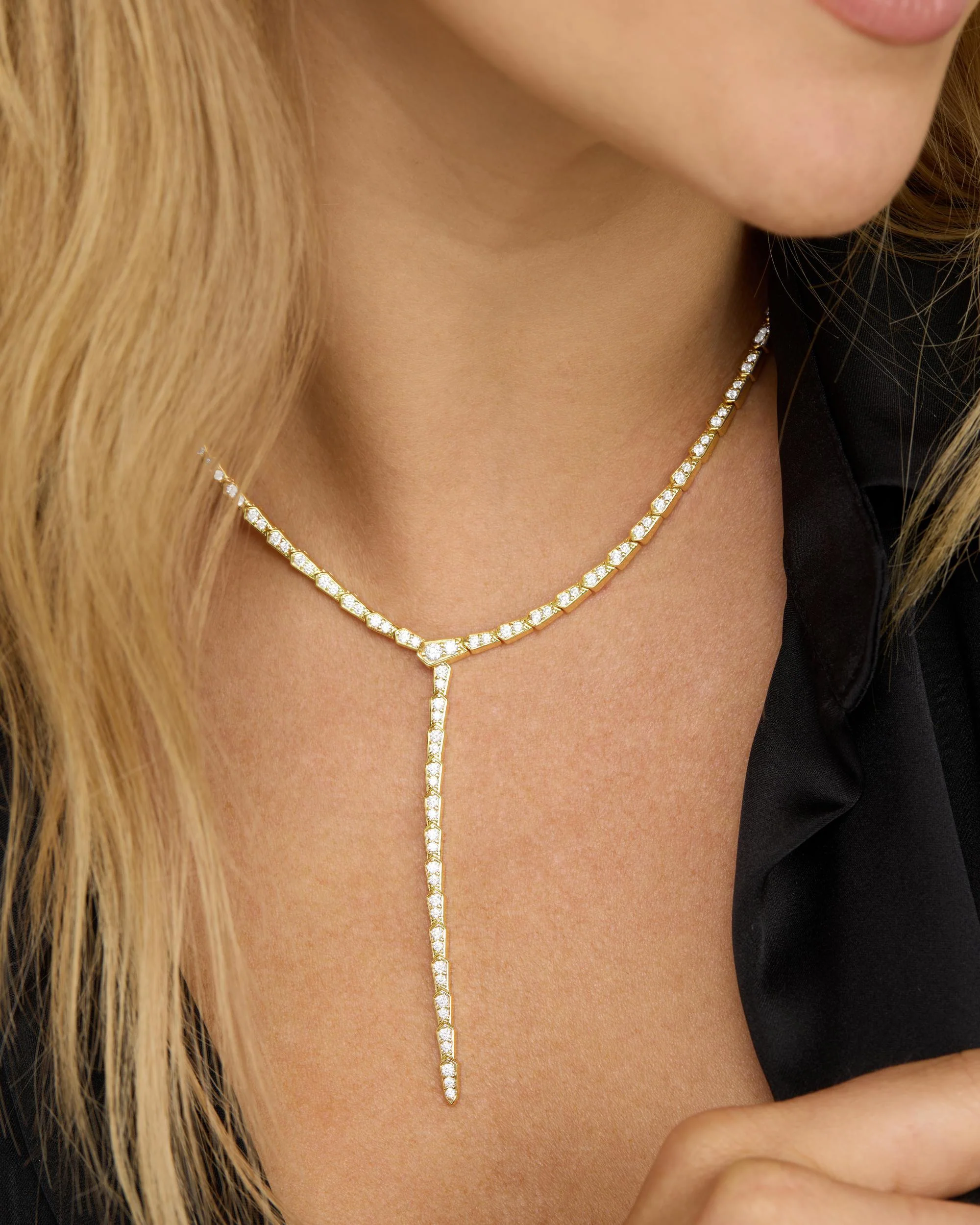 Pavé Serpent Lariat Necklace - Gold|White Diamondettes - Image 5