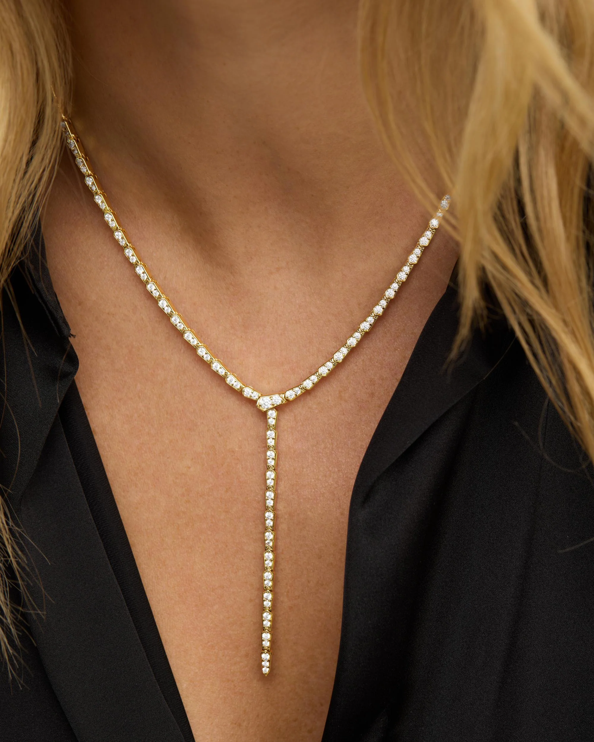 Pavé Serpent Lariat Necklace - Gold|White Diamondettes - Image 6