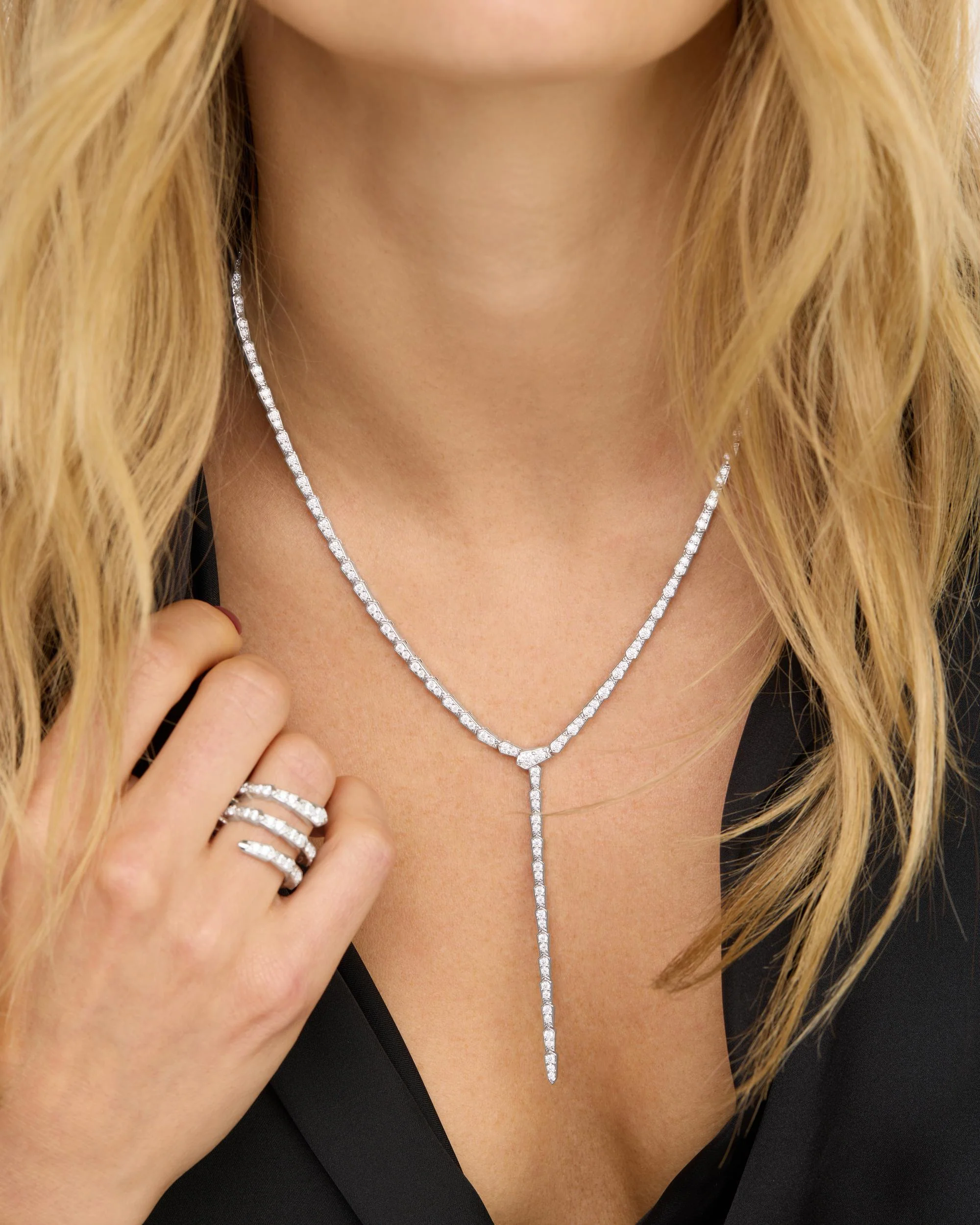 Pavé Serpent Lariat Necklace - Silver|White Diamondettes - Image 6