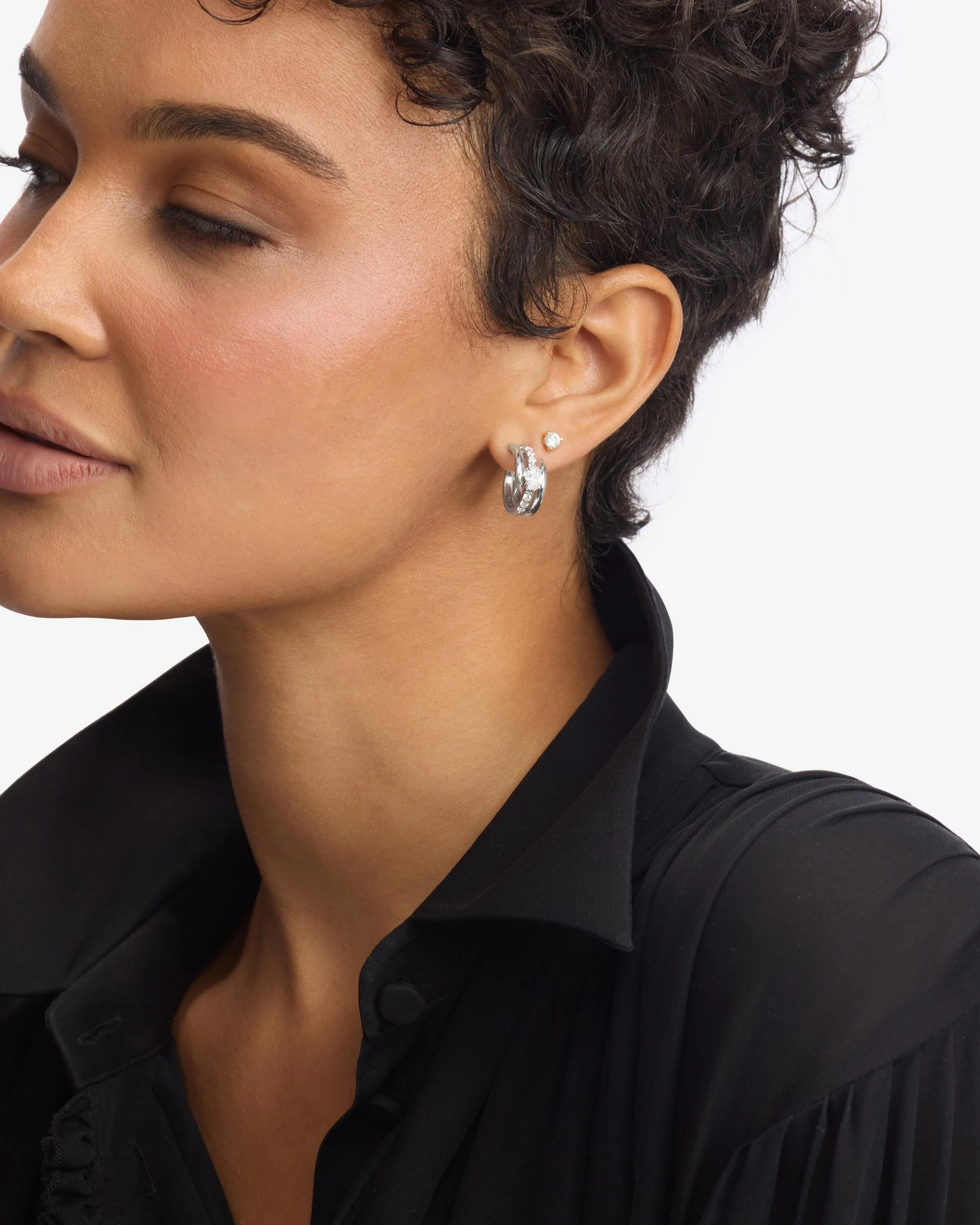 She's on Point Pavé Lasso Huggies - Silver|White Diamondettes - Image 4