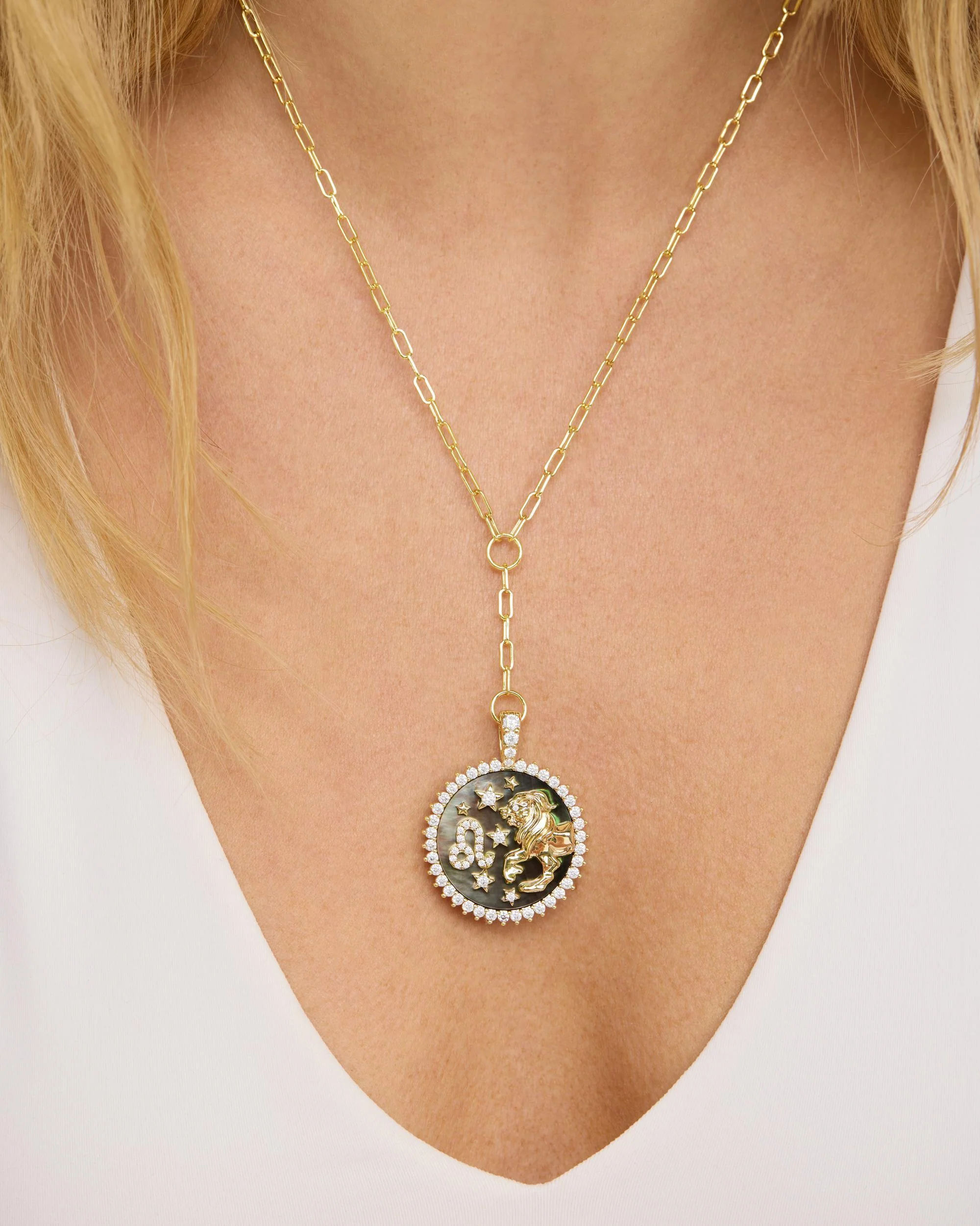 Zodiac Medallion Necklace - Gold|White Diamondettes - Image 42