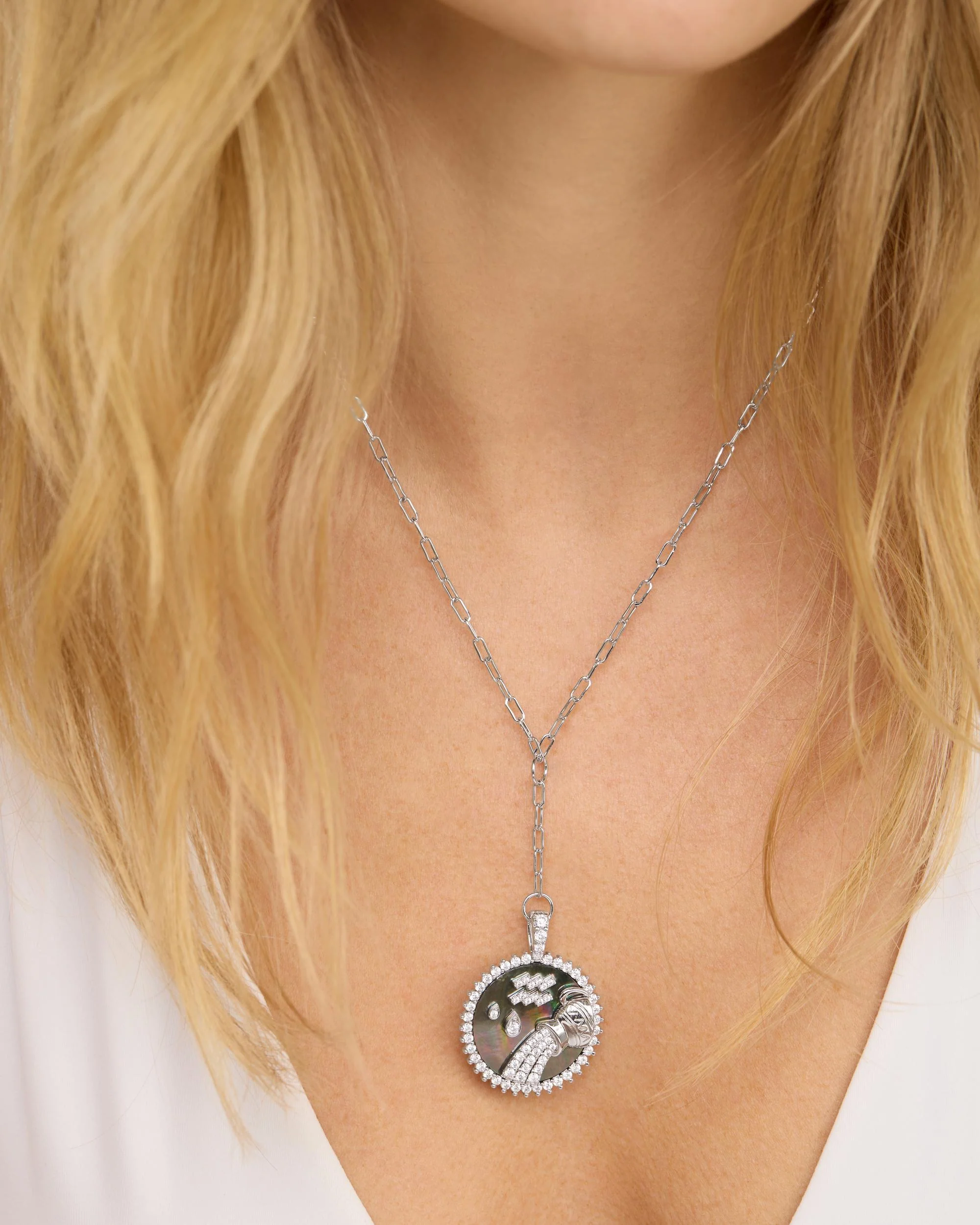 Zodiac Medallion Necklace - Silver|White Diamondettes - Image 37